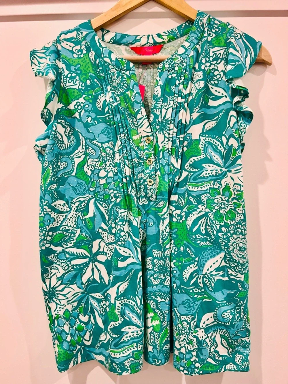 Lilly Pulitzer Teal Tropical Print Pleated Blouse Ruffle Sleeve lightweight Chic - Picture 2 of 8